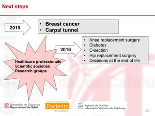 13
Next steps
Healthcare professionals
Scientific societies
Research groups
2015
• Breast cancer
• Carpal tunnel
• Knee replacement surgery
• Diabetes
• C-section
• Hip replacement surgery
• Decisions at the end of life
2016
13
 