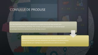 Cei mai importanți trei factori în decizia de a cumpăra bunuri de larg consum sunt
confortul, accesibilitatea și eficiența. Prin urmare, nu este surprinzător că mărcile bazate
pe partajare domină și sectorul bunurilor de larg consum.
eBay se numără printre inovatorii de pe piața de consum peer-to-peer.
Sistemul lor inovator permite utilizatorilor să cumpere și să vândă produse
noi sau folosite prin interfața lor și să trimită bunuri direct la domiciliu.
 