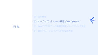 10
目次
01　会社概要
02　オープンプラットフォーム構想とfreee Open API
03　freeeアプリストアへの掲載と開発・マーケティング支援
04　御社ソリューションとの具体的な連携案
 