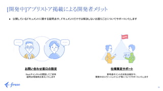 20
[開発中]アプリストア掲載による開発者メリット
● 公開しているドキュメントに関する疑問点や、ドキュメントだけでは解決しないお困りごとについてサポートいたします 
お問い合わせ窓口の設定 
 
Slackチャンネルを開設してご招待 
疑問点等随時お答えいたします 
仕様策定サポート 
 
要考慮ポイントの対処法検討や、 
開発中のエラーハンドリング等についてサポートいたします 
 
 