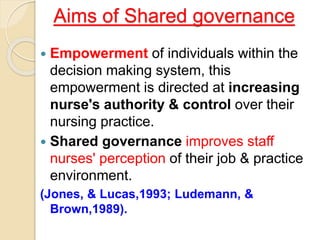 Aims of Shared governance
 Empowerment of individuals within the
decision making system, this
empowerment is directed at increasing
nurse's authority & control over their
nursing practice.
 Shared governance improves staff
nurses' perception of their job & practice
environment.
(Jones, & Lucas,1993; Ludemann, &
Brown,1989).
 
