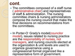 cont.
 The committees composed of a staff nurse
( administrative chair) and representatives
of staff & administration. The nursing
committee chairs & nursing administrators
compose the nursing council that make the
final decisions on recommendations from
the committees.
 In Porter-O
,
Grady's model(councilor
model), issues related to nursing practice
are the responsibility of nurses, not
managers, and nursing councils elected at
the organization & unit levels are used to
organize governance using a
congressional format organized like a
representative form of government.
 