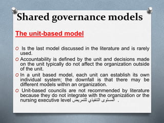 The unit-based model
O Is the last model discussed in the literature and is rarely
used.
O Accountability is defined by the unit and decisions made
on the unit typically do not affect the organization outside
of the unit.
O In a unit based model, each unit can establish its own
individual system; the downfall is that there may be
different models within an organization.
O Unit-based councils are not recommended by literature
because they do not integrate with the organization or the
nursing executive level ‫للتمريض‬ ‫التنفيذي‬ ‫المستوى‬ .
Shared governance models
 