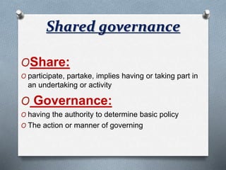Shared governance
OShare:
O participate, partake, implies having or taking part in
an undertaking or activity
O Governance:
O having the authority to determine basic policy
O The action or manner of governing
 