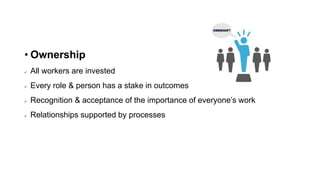 • Ownership
 All workers are invested
 Every role & person has a stake in outcomes
 Recognition & acceptance of the importance of everyone’s work
 Relationships supported by processes
 