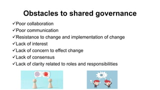 Obstacles to shared governance
Poor collaboration
Poor communication
Resistance to change and implementation of change
Lack of interest
Lack of concern to effect change
Lack of consensus
Lack of clarity related to roles and responsibilities
 