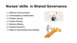 Nurses’ skills in Shared Governance
• 1. Effective Communication
• 2. Interdisciplinary Collaboration
• 3. Problem Solving
• 4. Critical Thinking
• 5. Decision-Making
• 6. Practice Autonomy
• 7. Ability to Demonstrate Accountability
 