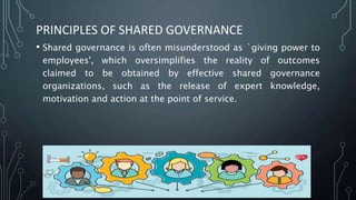 PRINCIPLES OF SHARED GOVERNANCE
• Shared governance is often misunderstood as `giving power to
employees', which oversimplifies the reality of outcomes
claimed to be obtained by effective shared governance
organizations, such as the release of expert knowledge,
motivation and action at the point of service.
 