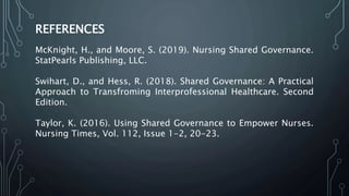 REFERENCES
McKnight, H., and Moore, S. (2019). Nursing Shared Governance.
StatPearls Publishing, LLC.
Swihart, D., and Hess, R. (2018). Shared Governance: A Practical
Approach to Transfroming Interprofessional Healthcare. Second
Edition.
Taylor, K. (2016). Using Shared Governance to Empower Nurses.
Nursing Times, Vol. 112, Issue 1-2, 20-23.
 
