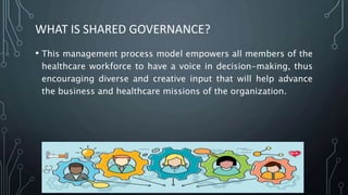 WHAT IS SHARED GOVERNANCE?
• This management process model empowers all members of the
healthcare workforce to have a voice in decision-making, thus
encouraging diverse and creative input that will help advance
the business and healthcare missions of the organization.
 