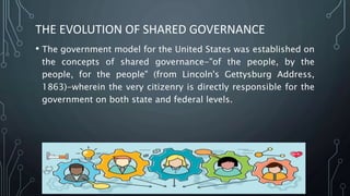THE EVOLUTION OF SHARED GOVERNANCE
• The government model for the United States was established on
the concepts of shared governance-"of the people, by the
people, for the people" (from Lincoln's Gettysburg Address,
1863)-wherein the very citizenry is directly responsible for the
government on both state and federal levels.
 