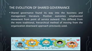 THE EVOLUTION OF SHARED GOVERNANCE
• Shared governance found its way into the business and
management literature. Positive outcomes emphasized
movement from point of service outward. This differed from
the more traditional, hierarchical method of moving from the
organization downward approach previously used.
 