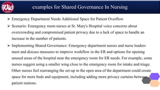 examples for Shared Governance In Nursing
 Emergency Department Needs Additional Space for Patient Overflow
 Scenario: Emergency room nurses at St. Mary's Hospital voice concerns about
overcrowding and compromised patient privacy due to a lack of space to handle an
increase in the number of patients.
 Implementing Shared Governance: Emergency department nurses and nurse leaders
meet and discuss measures to improve workflow in the ER and options for opening
unused areas of the hospital near the emergency room for ER needs. For example, some
nurses suggest using a smaller wing close to the emergency room for intake and triage.
Other nurses feel rearranging the set-up in the open area of the department could create
space for more beds and equipment, including adding more privacy curtains between
patient stations.
 