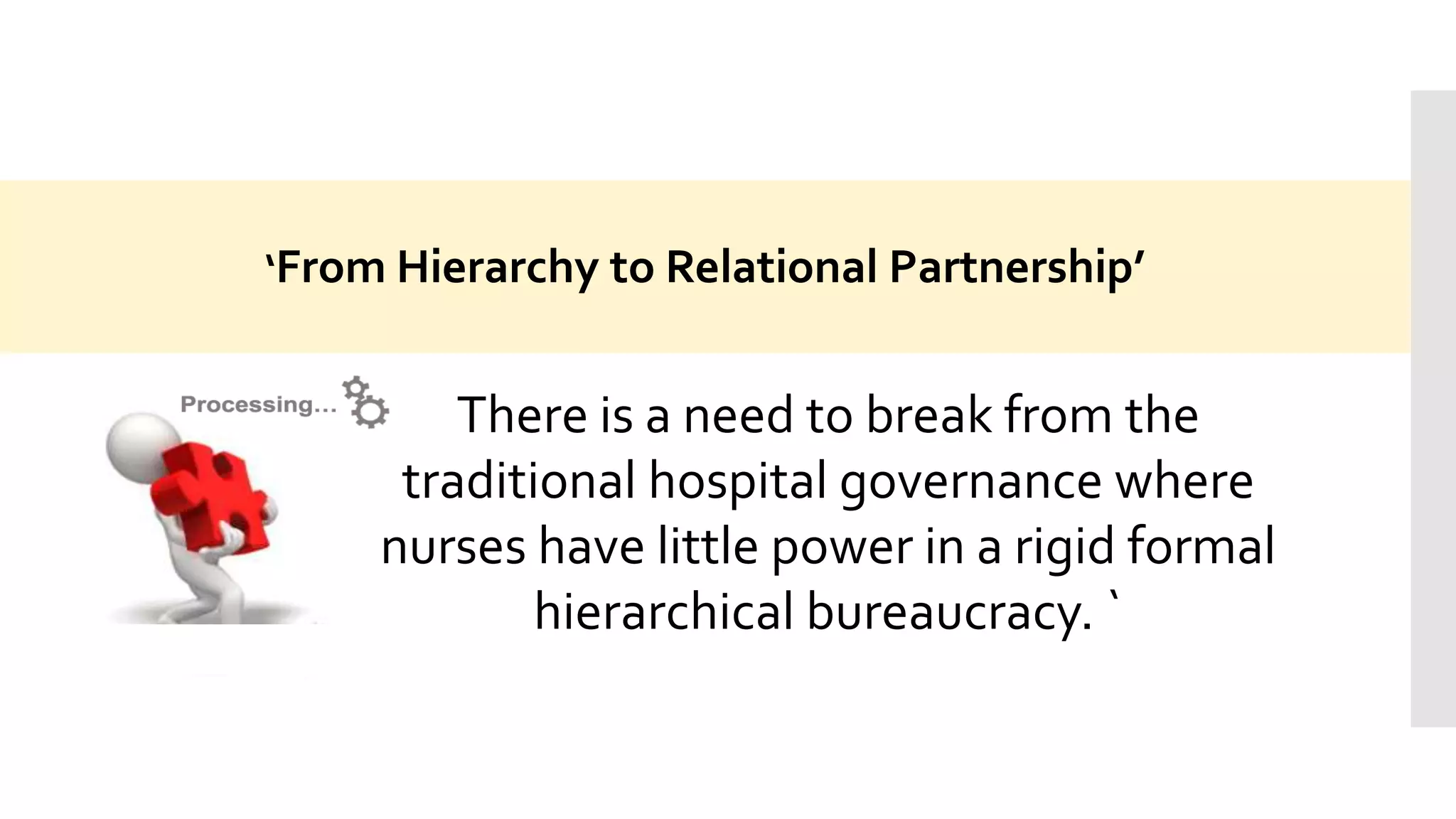 ‘From Hierarchy to Relational Partnership’
There is a need to break from the
traditional hospital governance where
nurses have little power in a rigid formal
hierarchical bureaucracy. `
 
