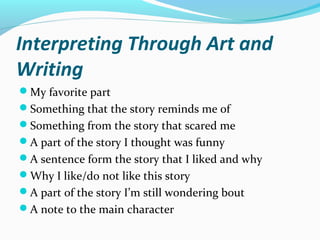 Interpreting Through Art and
Writing
My favorite part
Something that the story reminds me of
Something from the story that scared me
A part of the story I thought was funny
A sentence form the story that I liked and why
Why I like/do not like this story
A part of the story I’m still wondering bout
A note to the main character
 