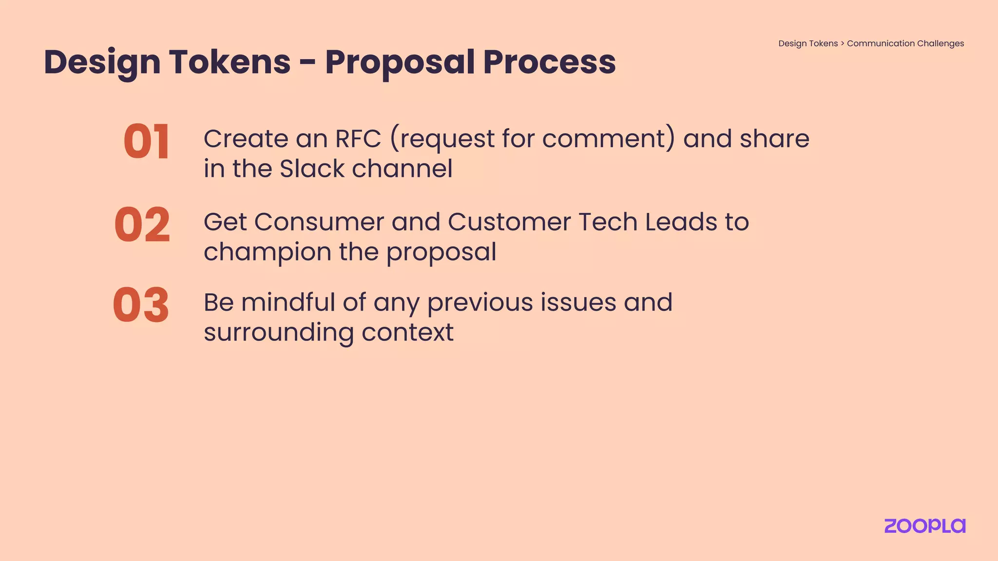 Design Tokens - Proposal Process
Create an RFC (request for comment) and share
in the Slack channel
01
Get Consumer and Customer Tech Leads to
champion the proposal
02
Be mindful of any previous issues and
surrounding context
03
Design Tokens > Communication Challenges
 