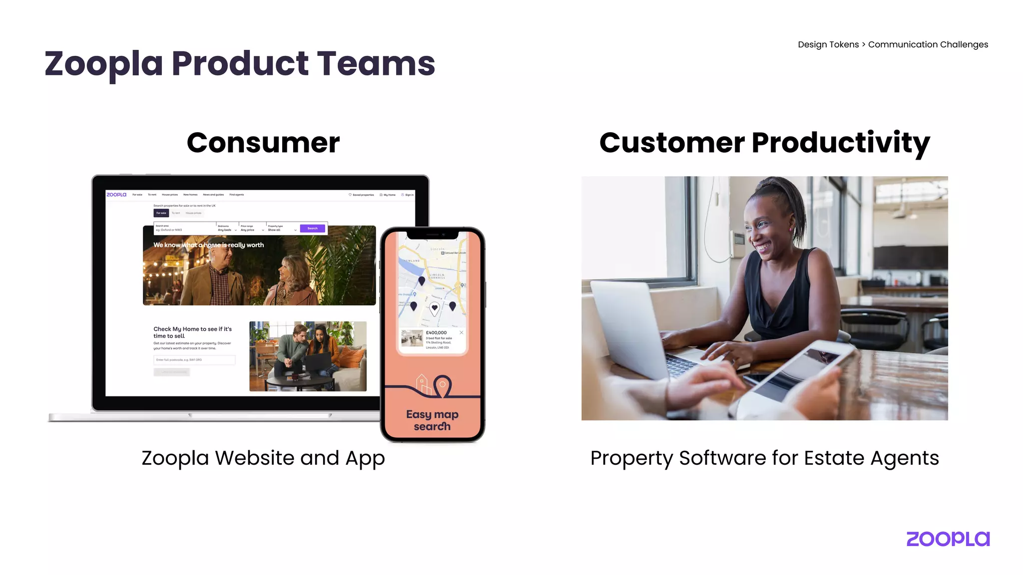 Zoopla Product Teams
Design Tokens > Communication Challenges
Consumer Customer Productivity
Zoopla Website and App Property Software for Estate Agents
 