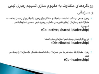 رهبری جمعی در قالب تعاملات دینامیک و متقابل برای رهبری یکدیگر برای رسیدن به اهداف  
مشترک تیم و سازمان )ایفای نقش های مکمل در رهبری تیمی به صورت داوطلبانه و 
شهودی( 
(Collective/shared leadership) 
توزیع کارکردهای رهبری تیمی/سازمانی میان اعضا  
(Distributed leadership) 
رهبری مشترک که چند نفر به طور همزمان و یا با واسطه یکدیگر یک سازمان را رهبری می  
کنند 
(Co-leadership) 
 