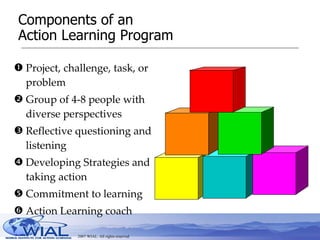 Components of an  Action Learning Program Project, challenge, task, or problem Group of 4-8 people with diverse perspectives Reflective questioning and listening Developing Strategies and taking action  Commitment to learning Action Learning coach 
