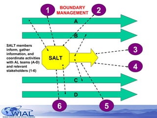 A B C D SALT 1 2 5 3 6 4 SALT members inform, gather information, and coordinate activities with AL teams (A-D) and relevant stakeholders (1-6) BOUNDARY MANAGEMENT 