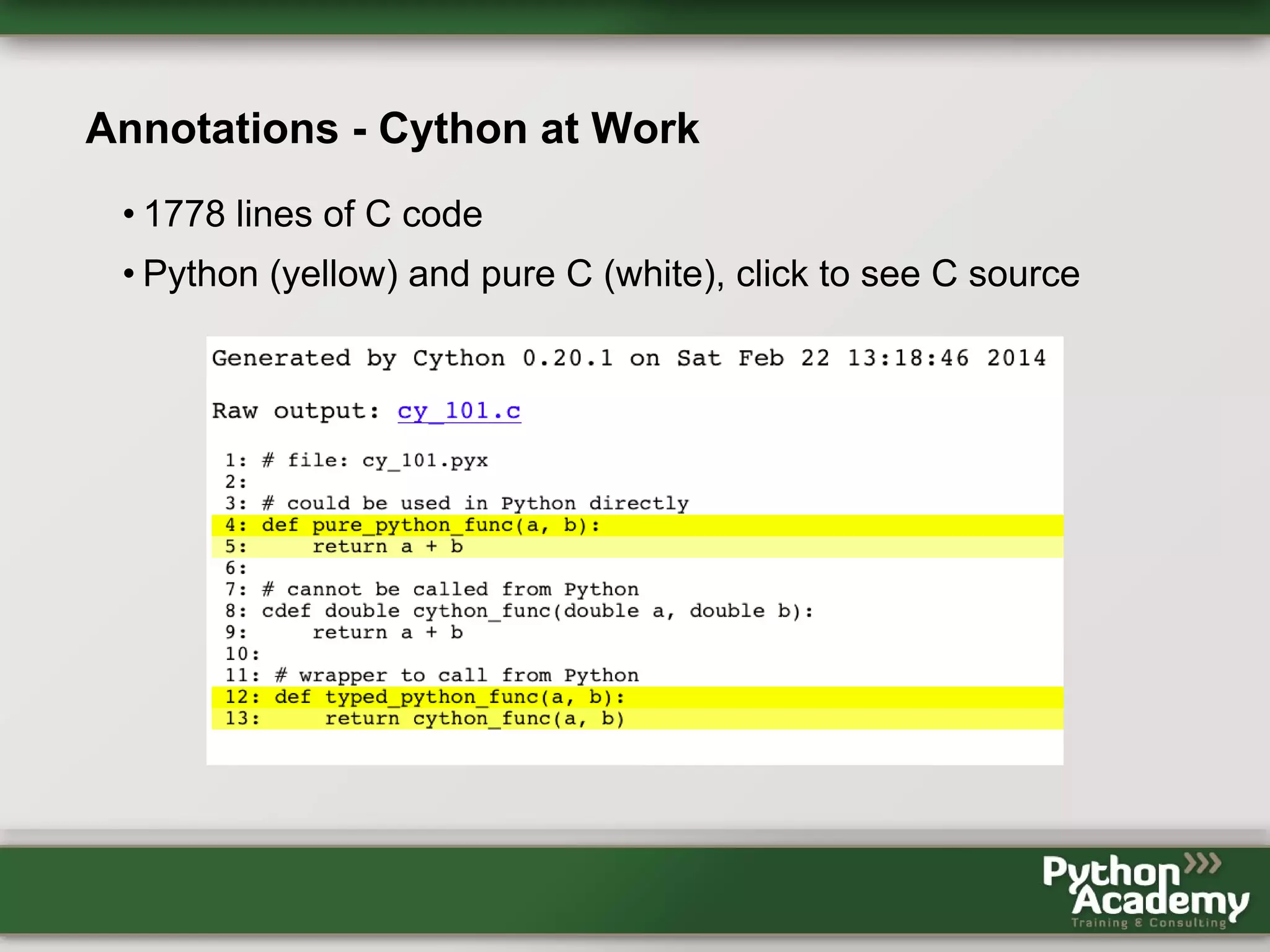 Annotations - Cython at Work • 1778 lines of C code • Python (yellow) and pure C (white), click to see C source 