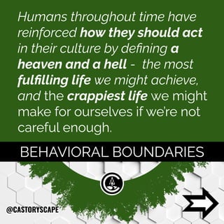 Humans throughout time have
reinforced how they should act
in their culture by deﬁning a
heaven and a hell - the most
fulﬁlling life we might achieve,
and the crappiest life we might
make for ourselves if we’re not
careful enough.
BEHAVIORAL BOUNDARIES
@CASTORYSCAPE
 