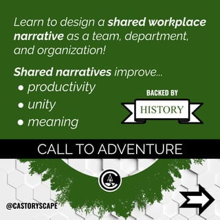 Learn to design a shared workplace
narrative as a team, department,
and organization!
Shared narratives improve...
● productivity
● unity
● meaning
CALL TO ADVENTURE
@CASTORYSCAPE
HISTORY
BACKED BY
 