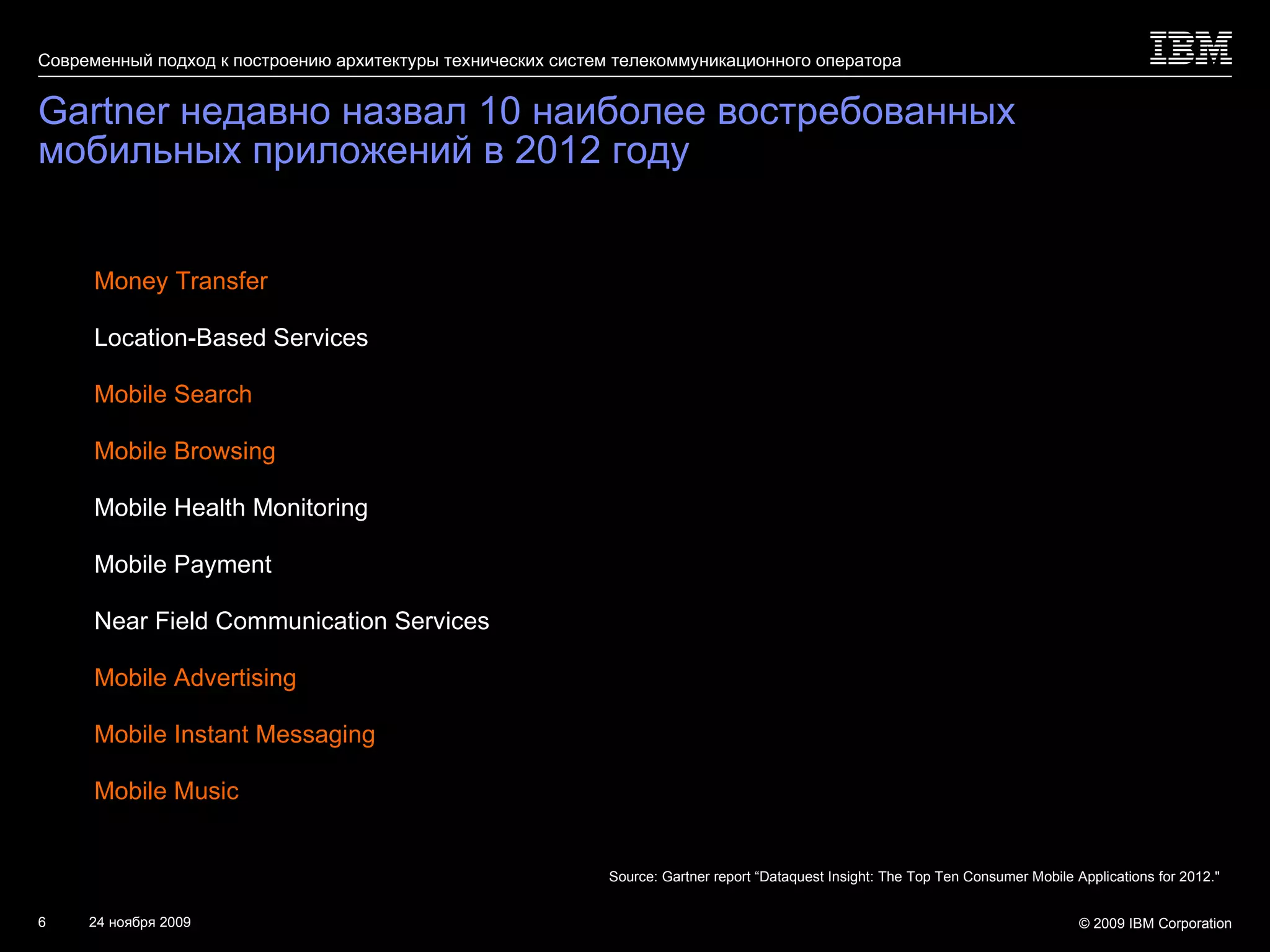 Gartner  недавно назвал 10 наиболее востребованных мобильных приложений в  2012  году Money Transfer Location-Based Services Mobile Search Mobile Browsing Mobile Health Monitoring Mobile Payment Near Field Communication Services Mobile Advertising Mobile Instant Messaging Mobile Music Source: Gartner report “Dataquest Insight: The Top Ten Consumer Mobile Applications for 2012." 