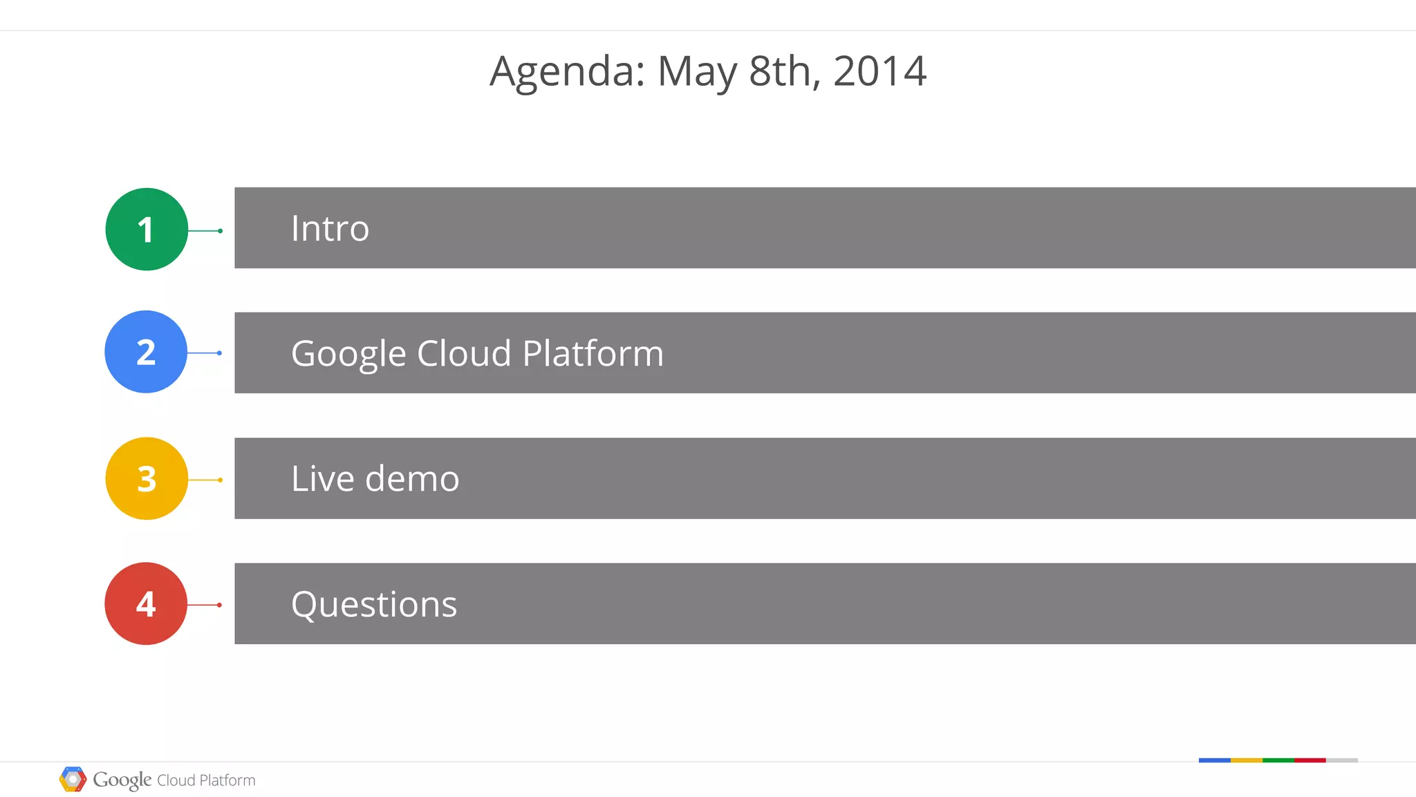 Intro
Google Cloud Platform
Live demo
Questions
Agenda: May 8th, 2014
2
4
3
1
 