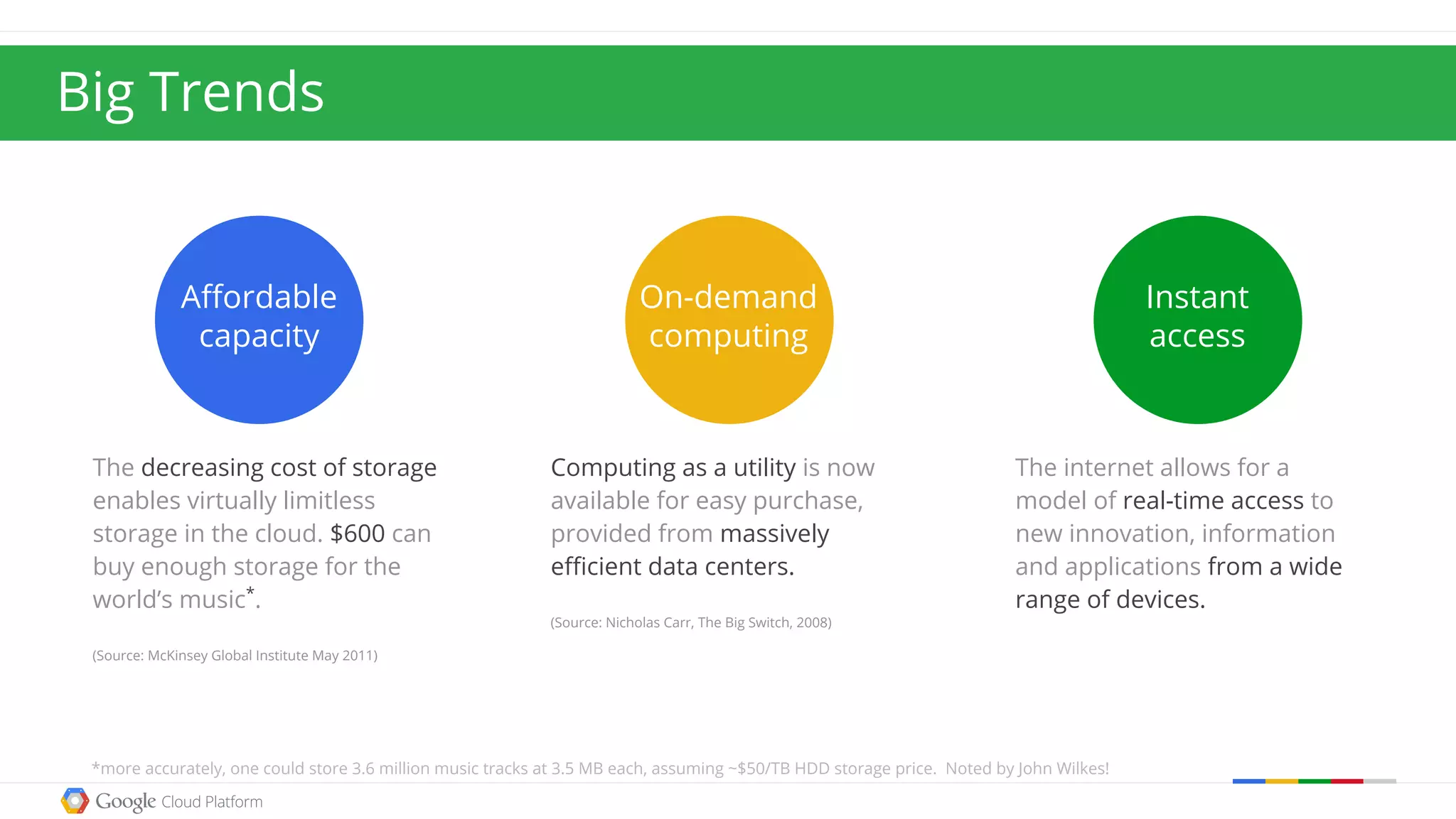 The decreasing cost of storage
enables virtually limitless
storage in the cloud. $600 can
buy enough storage for the
world’s music*
.
(Source: McKinsey Global Institute May 2011)
Computing as a utility is now
available for easy purchase,
provided from massively
efficient data centers.
(Source: Nicholas Carr, The Big Switch, 2008)
The internet allows for a
model of real-time access to
new innovation, information
and applications from a wide
range of devices.
Affordable
capacity
On-demand
computing
Instant
access
Big Trends
*more accurately, one could store 3.6 million music tracks at 3.5 MB each, assuming ~$50/TB HDD storage price. Noted by John Wilkes!
 