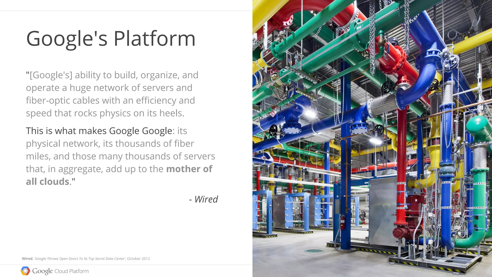 Images by Connie Zhou
Wired, 'Google Throws Open Doors To Its Top Secret Data Center', October 2012
Google's Platform
"[Google's] ability to build, organize, and
operate a huge network of servers and
fiber-optic cables with an efficiency and
speed that rocks physics on its heels.
This is what makes Google Google: its
physical network, its thousands of fiber
miles, and those many thousands of servers
that, in aggregate, add up to the mother of
all clouds."
- Wired
 