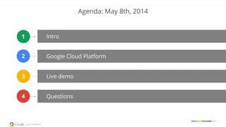 Intro
Google Cloud Platform
Live demo
Questions
Agenda: May 8th, 2014
2
4
3
1
 