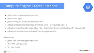 ● gcloud components update compute
● gcloud auth login
● gcloud config set project eastern-button-574
● gcloud compute instances create arun-hello-world --zone europe-west1-a
● gcloud compute firewalls create allow-http --description "Incoming http allowed." --allow tcp:80
● gcloud compute ssh arun-hello-world --zone europe-west1-a
Alternatives:
● gcutil - still around but gcloud is focus
● REST API - very powerful
● UI - easy to use
Compute Engine Create Instance
 