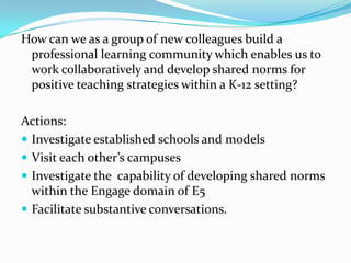 How can we as a group of new colleagues build a
 professional learning community which enables us to
 work collaboratively...