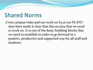 Shared Norms
Cross campus visits and our work on E5 at our PLATO
 days have made it clear that this an area that we need
 ...
