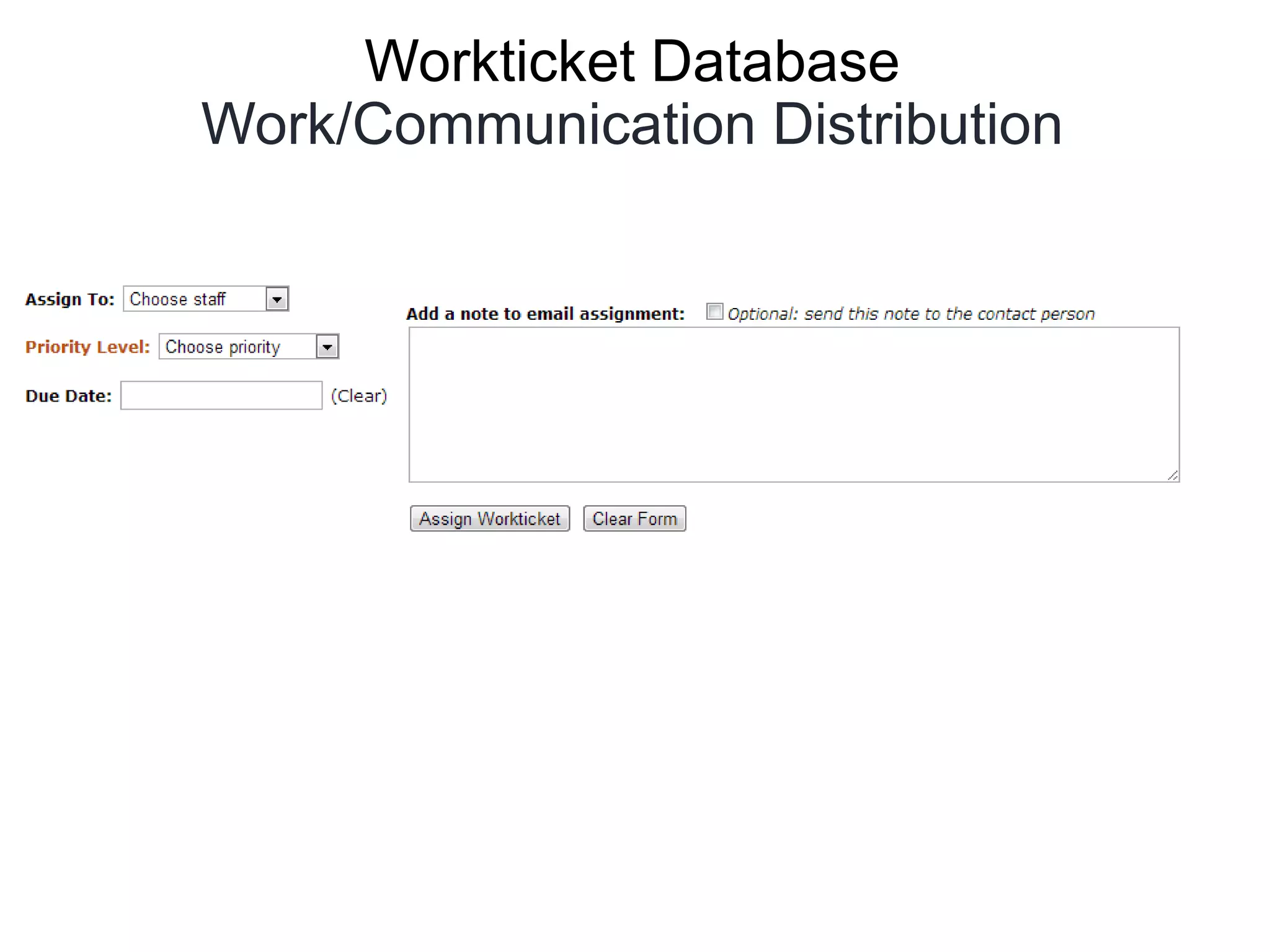 Workticket Database
Work/Communication Distribution
 