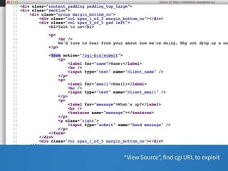 “View Source”, find cgi URL to exploit 
 