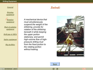 Drilling Equipment
REFERENCES ABOUT HELP
FAQ
General
Hoisting
equipment
Rotation
equipment
Mud circulation
equipment
Drill pipe & BHA
Safety equipment
Rig facilities
A mechanical device that
must simultaneously
suspend the weight of the
drillstring, provide for
rotation of the drillstring
beneath it while keeping
the upper portion
stationary, and permit
high-volume flow of high-
pressure drilling mud
from the fixed portion to
the rotating portion
without leaking.
Swivel:
Back
 