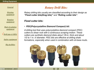 Drilling Equipment
REFERENCES ABOUT HELP
FAQ
General
Hoisting
equipment
Rotation
equipment
Mud circulation
equipment
Drill pipe & BHA
Safety equipment
Rig facilities
Rotary Drill Bits:
Rotary drilling bits usually are classified according to their design as
”Fixed cutter bits(Drag bits)” and ”Rolling cutter bits”.
Fixed cutter bits:
• PDC(Polycrystalline Diamond Compact) bit:
A drilling tool that uses polycrystalline diamond compact (PDC)
cutters to shear rock with a continuous scraping motion. These
cutters are synthetic diamond disks about 1/8-in. thick and about
1/2 to 1 in. in diameter. PDC bits are effective at drilling shale
formations, especially when used in combination with oil-base muds.
 