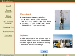 Drilling Equipment
REFERENCES ABOUT HELP
FAQ
General
Hoisting
equipment
Rotation
equipment
Mud circulation
equipment
Drill pipe & BHA
Safety equipment
Rig facilities
Monkeyboard:
The derrickman's working platform.
Double board, tribble board, fourable
board; a monkey board located at a height
in the derrick or mast equal to two, three,
or four lengths of pipe respectively.
Doghouse:
A small enclosure on the rig floor used as
an office for the driller or as a storehouse
for small objects. Also, any small building
used as an office or for storage.
Back
 
