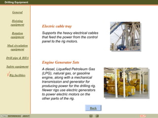 Drilling Equipment
REFERENCES ABOUT HELP
FAQ
General
Hoisting
equipment
Rotation
equipment
Mud circulation
equipment
Drill pipe & BHA
Safety equipment
Rig facilities
Electric cable tray
Supports the heavy electrical cables
that feed the power from the control
panel to the rig motors.
Engine Generator Sets
A diesel, Liquefied Petroleum Gas
(LPG), natural gas, or gasoline
engine, along with a mechanical
transmission and generator for
producing power for the drilling rig.
Newer rigs use electric generators
to power electric motors on the
other parts of the rig.
Back
 