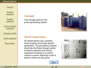 Drilling Equipment
REFERENCES ABOUT HELP
FAQ
General
Hoisting
equipment
Rotation
equipment
Mud circulation
equipment
Drill pipe & BHA
Safety equipment
Rig facilities
Fuel tanks
Fuel storage tanks for the
power generating system.
Electric Control House
On diesel electric rigs, powerful
diesel engines drive large electric
generators. The generators produce
electricity that flows through cables
to electric switches and control
equipment enclosed in a control
cabinet or panel. Electricity is fed to
electric motors via the panel.
Back
 