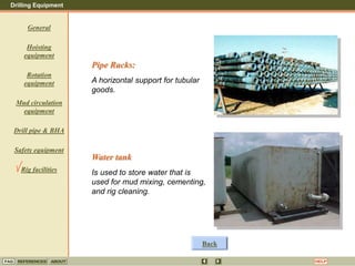Drilling Equipment
REFERENCES ABOUT HELP
FAQ
General
Hoisting
equipment
Rotation
equipment
Mud circulation
equipment
Drill pipe & BHA
Safety equipment
Rig facilities
Pipe Racks:
A horizontal support for tubular
goods.
Back
Water tank
Is used to store water that is
used for mud mixing, cementing,
and rig cleaning.
 