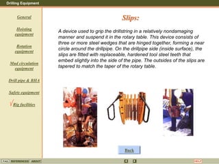 Drilling Equipment
REFERENCES ABOUT HELP
FAQ
General
Hoisting
equipment
Rotation
equipment
Mud circulation
equipment
Drill pipe & BHA
Safety equipment
Rig facilities
A device used to grip the drillstring in a relatively nondamaging
manner and suspend it in the rotary table. This device consists of
three or more steel wedges that are hinged together, forming a near
circle around the drillpipe. On the drillpipe side (inside surface), the
slips are fitted with replaceable, hardened tool steel teeth that
embed slightly into the side of the pipe. The outsides of the slips are
tapered to match the taper of the rotary table.
Slips:
Back
 