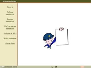 Drilling Equipment
REFERENCES ABOUT HELP
FAQ
General
Hoisting
equipment
Rotation
equipment
Mud circulation
equipment
Drill pipe & BHA
Safety equipment
Rig facilities
 