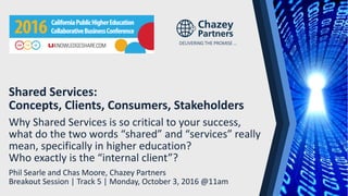 DELIVERING THE PROMISE …
Shared Services:
Concepts, Clients, Consumers, Stakeholders
Why Shared Services is so critical to your success,
what do the two words “shared” and “services” really
mean, specifically in higher education?
Who exactly is the “internal client”?
Phil Searle and Chas Moore, Chazey Partners
Breakout Session | Track 5 | Monday, October 3, 2016 @11am
 