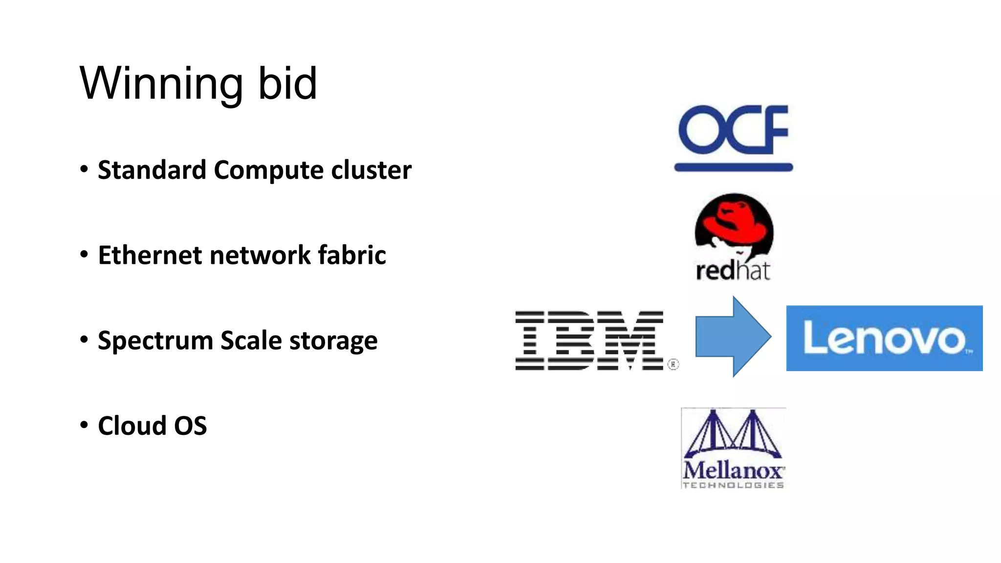 Winning bid
• Standard Compute cluster
• Ethernet network fabric
• Spectrum Scale storage
• Cloud OS
 