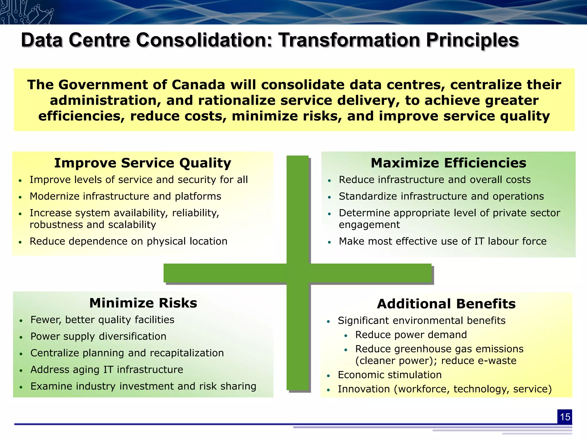 Data Centre Consolidation: Transformation Principles

    The Government of Canada will consolidate data centres, centralize their
       administration, and rationalize service delivery, to achieve greater
             VALUE
     efficiencies, reduce costs, minimize risks, and improve service quality


         Improve Service Quality                               Maximize Efficiencies
    Improve levels of service and security for all       Reduce infrastructure and overall costs
•

•            VISION
    Modernize infrastructure and platforms
                                                     •

                                                     •   Standardize infrastructure and operations
•   Increase system availability, reliability,       •   Determine appropriate level of private sector
    robustness and scalability                           engagement
•   Reduce dependence on physical location           •   Make most effective use of IT labour force




                 Minimize Risks                                 Additional Benefits
•   Fewer, better quality facilities                 •   Significant environmental benefits
•   Power supply diversification                          • Reduce power demand
                                                          • Reduce greenhouse gas emissions
•   Centralize planning and recapitalization
                                                            (cleaner power); reduce e-waste
•   Address aging IT infrastructure
                                                     •   Economic stimulation
•   Examine industry investment and risk sharing     •   Innovation (workforce, technology, service)

                                                                                                       15
 