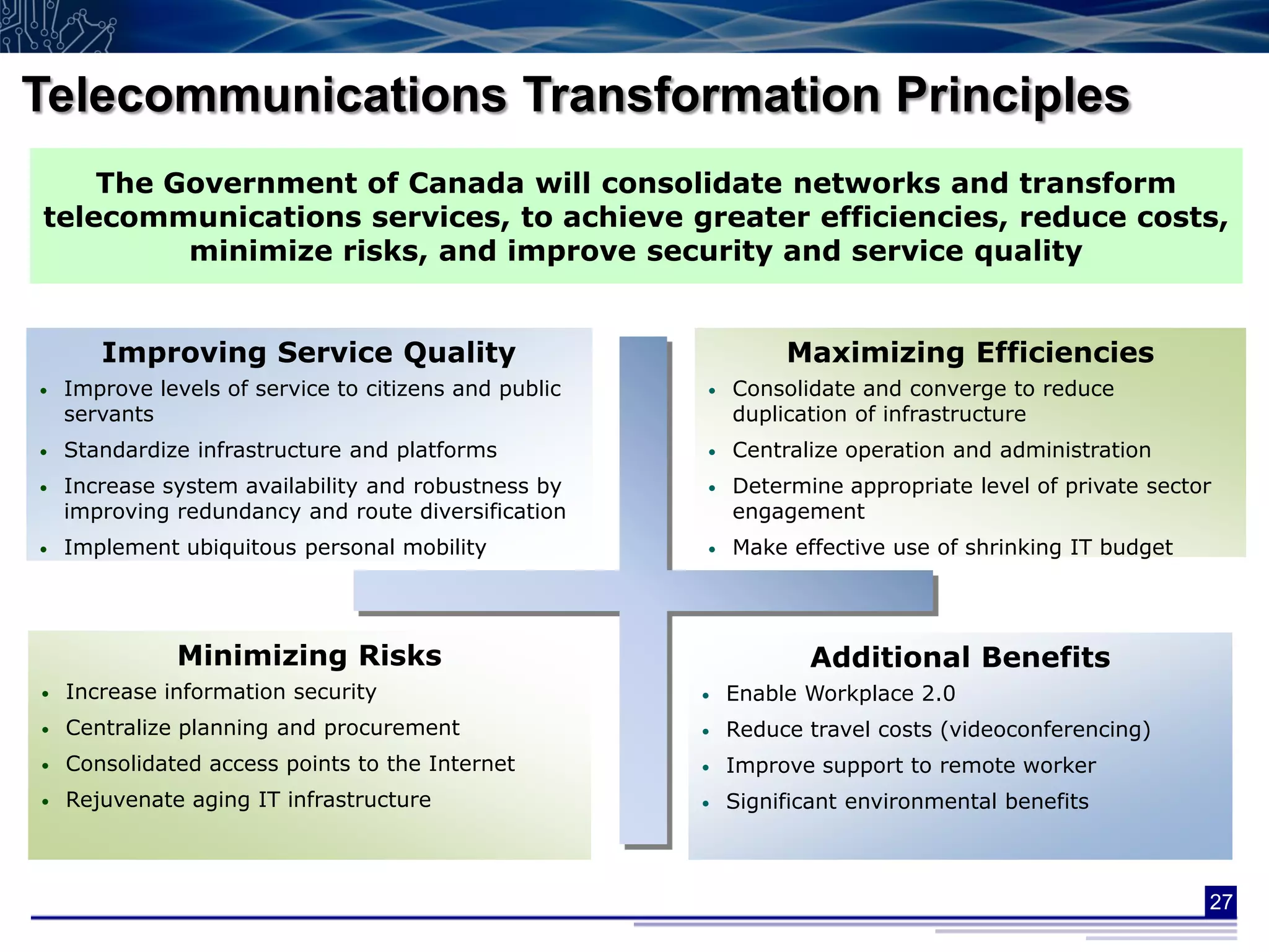 Telecommunications Transformation Principles
    The Government of Canada will consolidate networks and transform
telecommunications services, to achieve greater efficiencies, reduce costs,
             VALUE
         minimize risks, and improve security and service quality


       Improving Service Quality                                Maximizing Efficiencies
    Improve levels of service to citizens and public       Consolidate and converge to reduce
•
    servantsVISION                                     •
                                                           duplication of infrastructure
•   Standardize infrastructure and platforms           •   Centralize operation and administration
•   Increase system availability and robustness by     •   Determine appropriate level of private sector
    improving redundancy and route diversification         engagement
•   Implement ubiquitous personal mobility             •   Make effective use of shrinking IT budget




              Minimizing Risks                                    Additional Benefits
•   Increase information security                      •   Enable Workplace 2.0
•   Centralize planning and procurement                •   Reduce travel costs (videoconferencing)
•   Consolidated access points to the Internet         •   Improve support to remote worker
•   Rejuvenate aging IT infrastructure                 •   Significant environmental benefits



                                                                                                       27
 