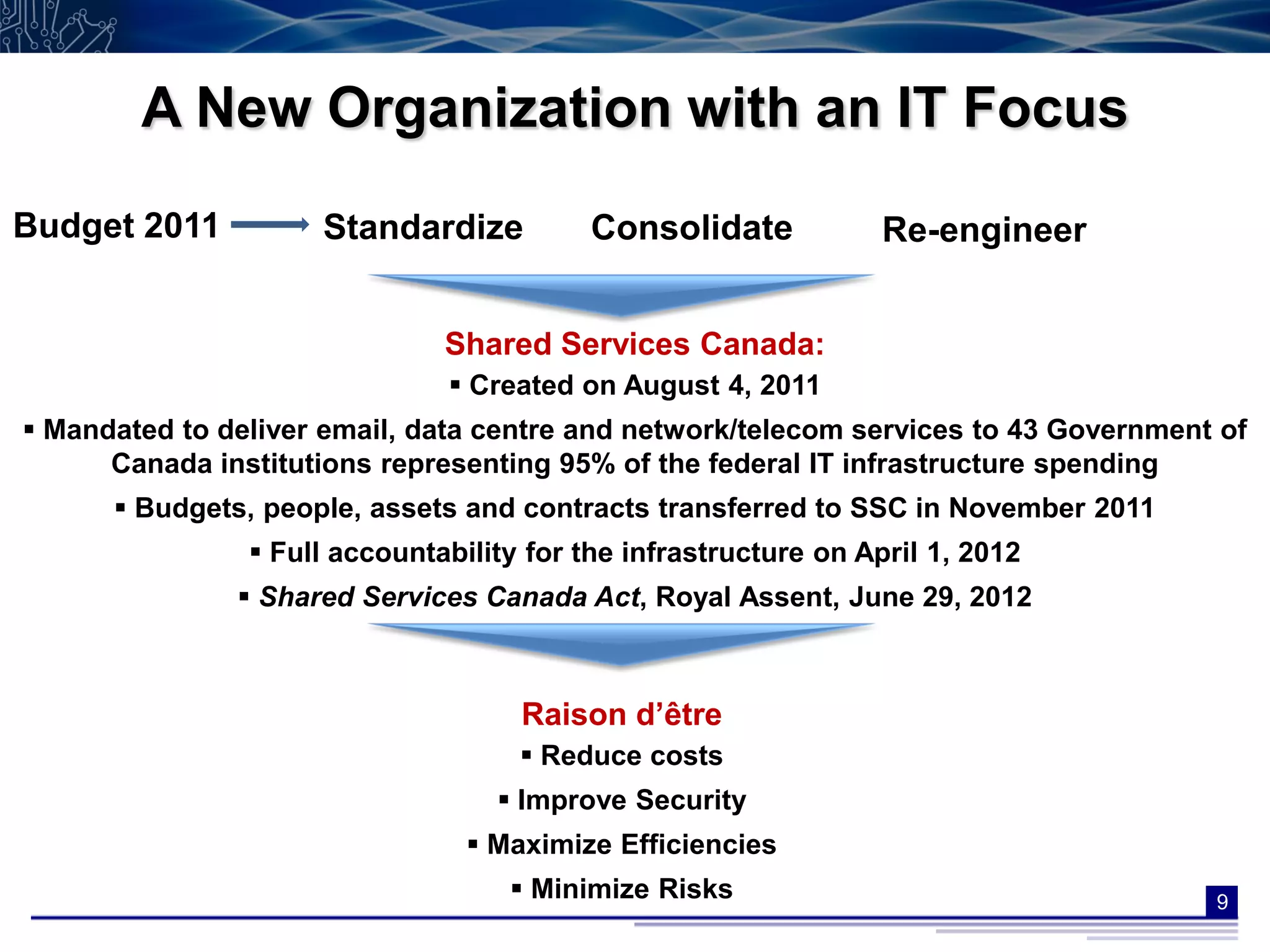 A New Organization with an IT Focus
Budget 2011          Standardize           Consolidate            Re-engineer


                               Shared Services Canada:
                                Created on August 4, 2011
 Mandated to deliver email, data centre and network/telecom services to 43 Government of
      Canada institutions representing 95% of the federal IT infrastructure spending
       Budgets, people, assets and contracts transferred to SSC in November 2011
                 Full accountability for the infrastructure on April 1, 2012
                Shared Services Canada Act, Royal Assent, June 29, 2012



                                     Raison d’être
                                      Reduce costs
                                    Improve Security
                                  Maximize Efficiencies
                                     Minimize Risks                                  9
 